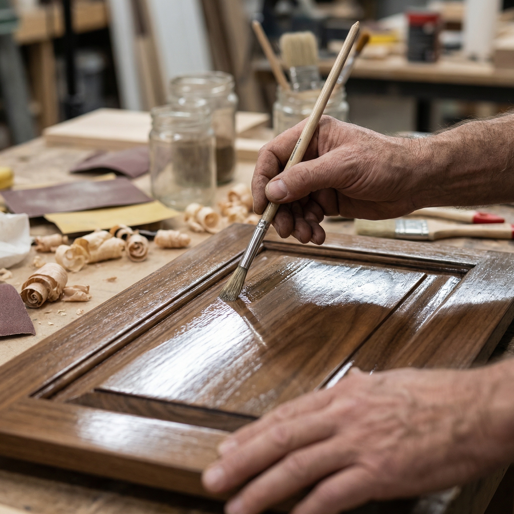 Hand-applied lacquer finish on cabinet door