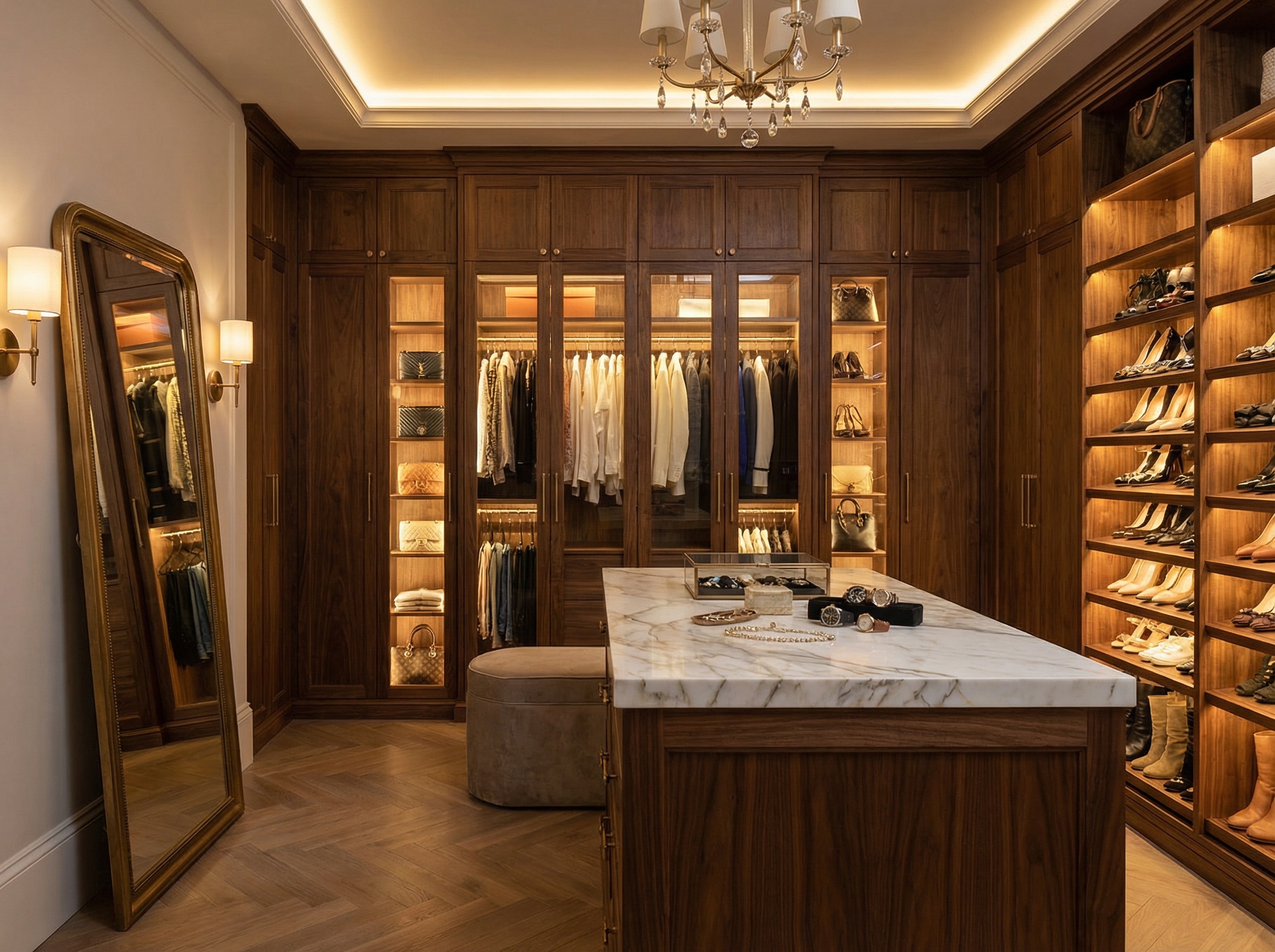 Luxury walk-in closet with custom walnut wardrobes