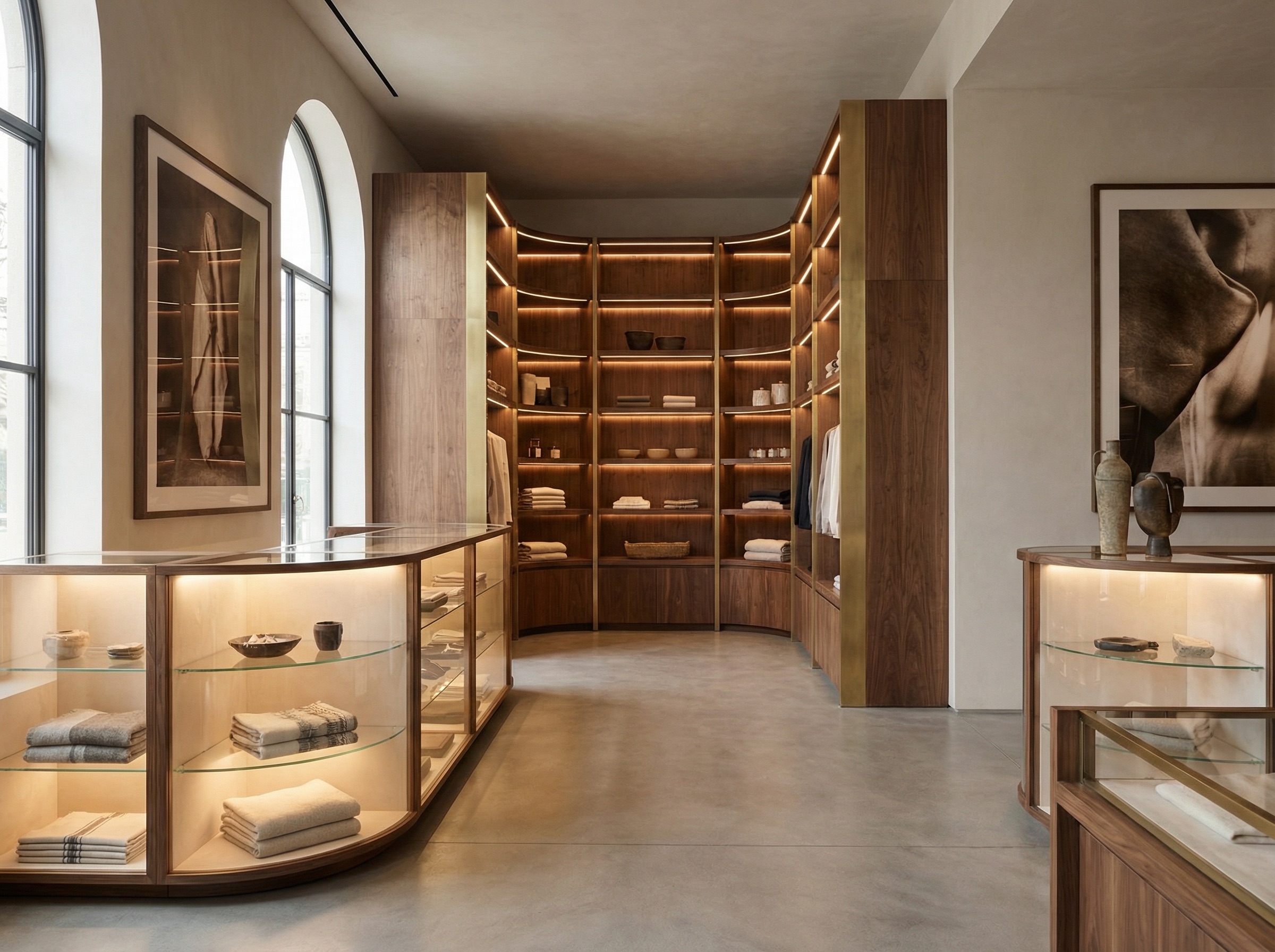 Commercial retail display installation with brass and walnut