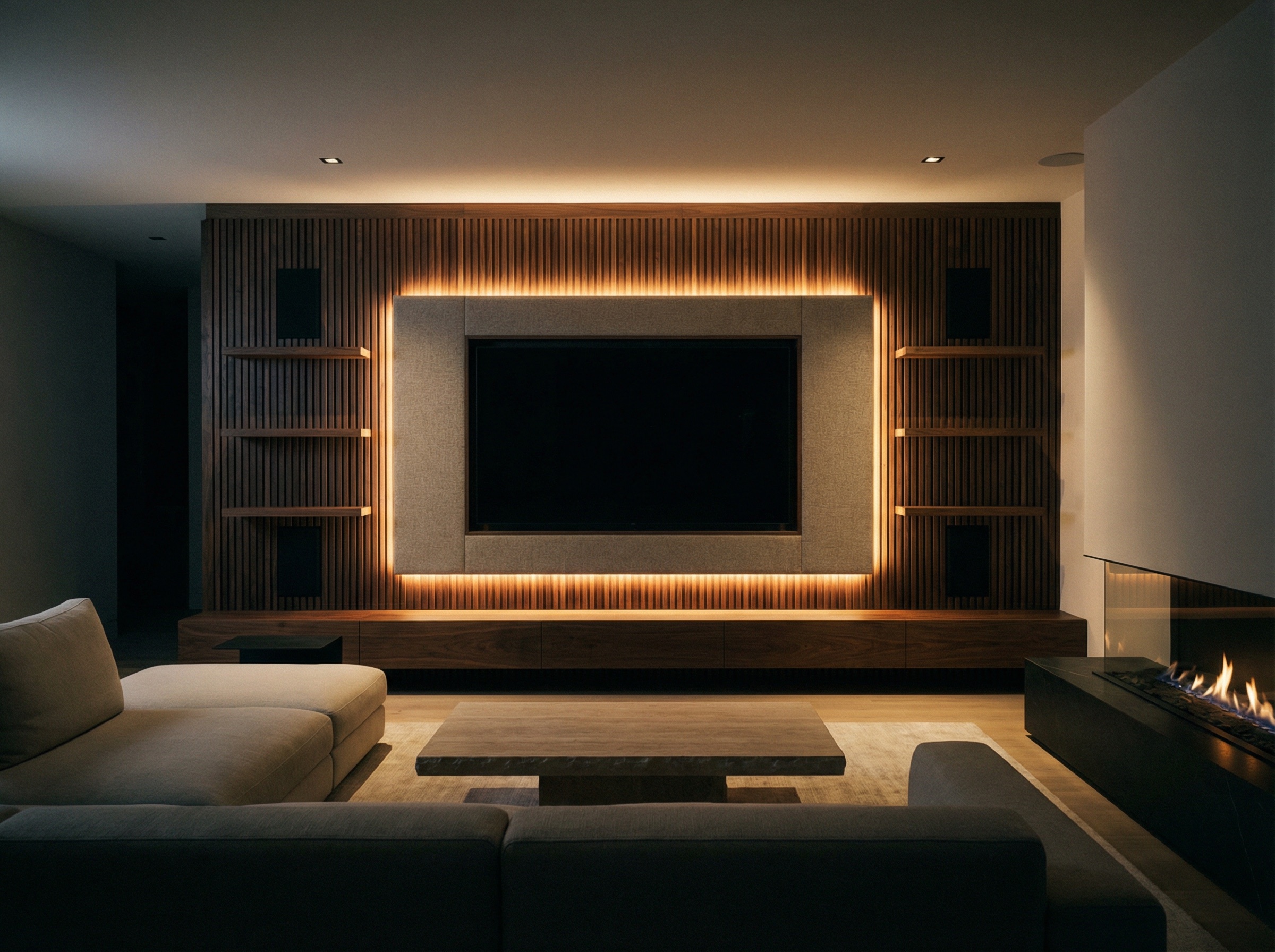 Custom built-in entertainment center with ambient LED lighting