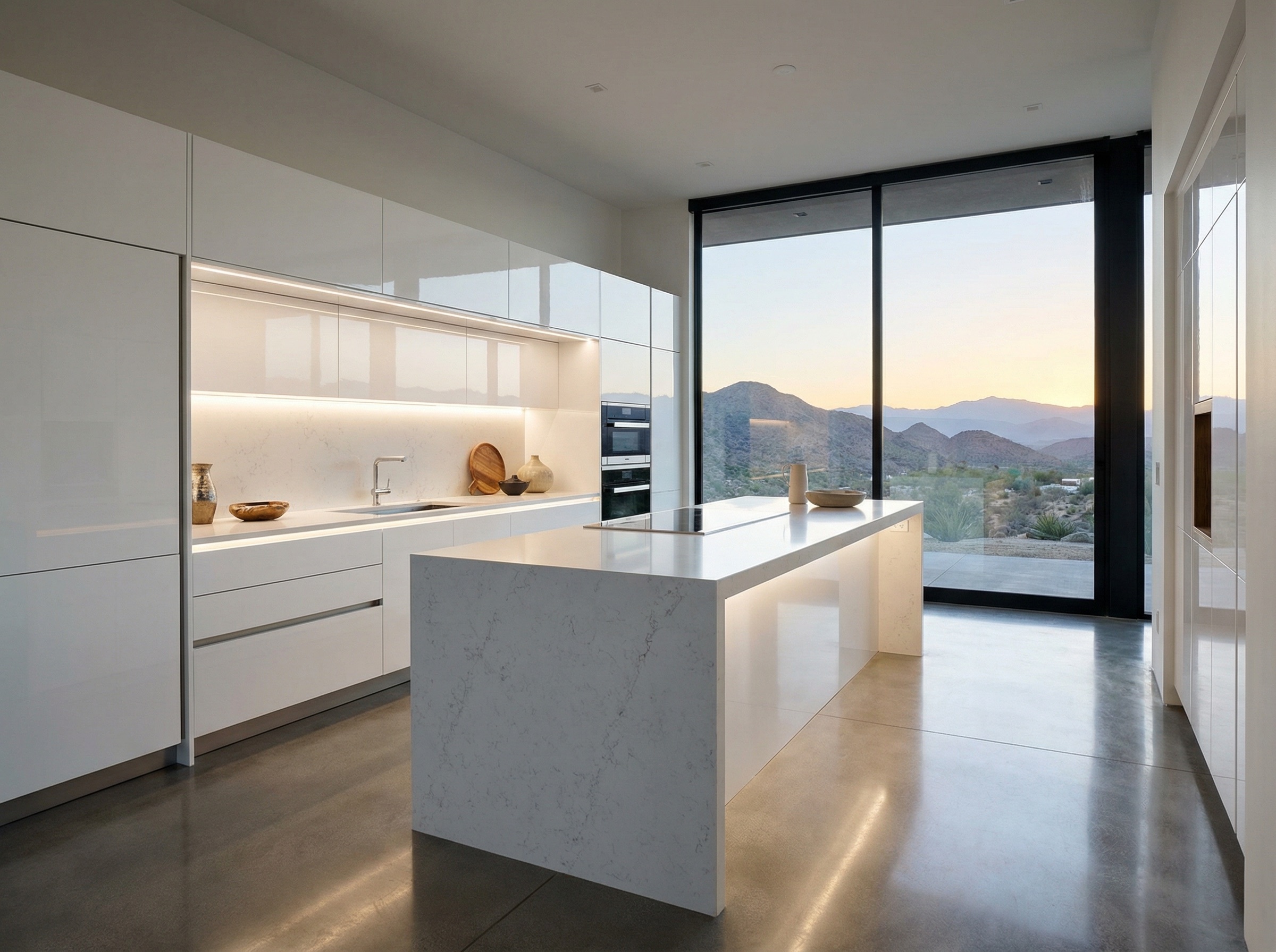 Modern minimalist custom kitchen with white high-gloss cabinetry