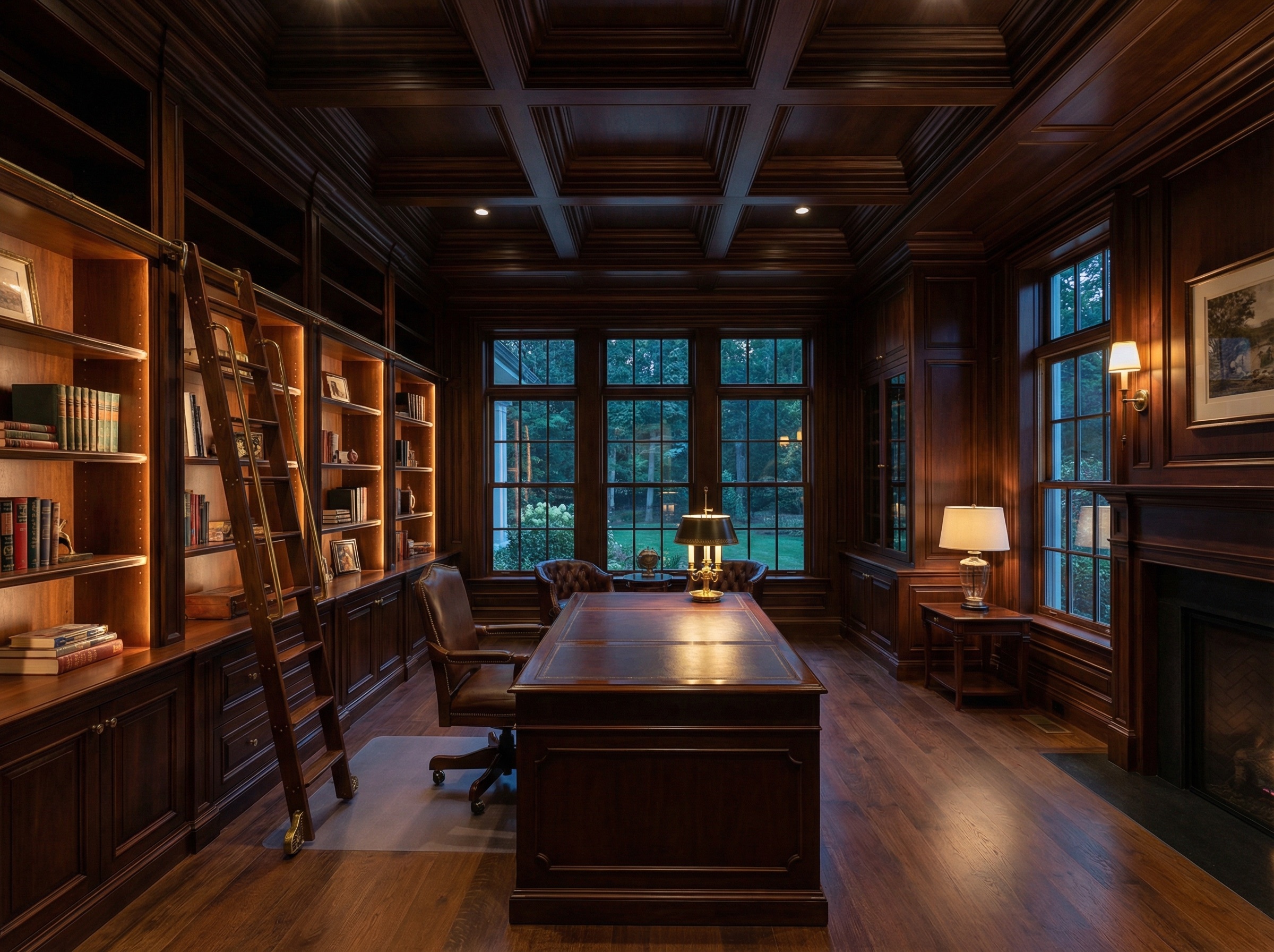 Executive home office with floor-to-ceiling custom built-in bookcases