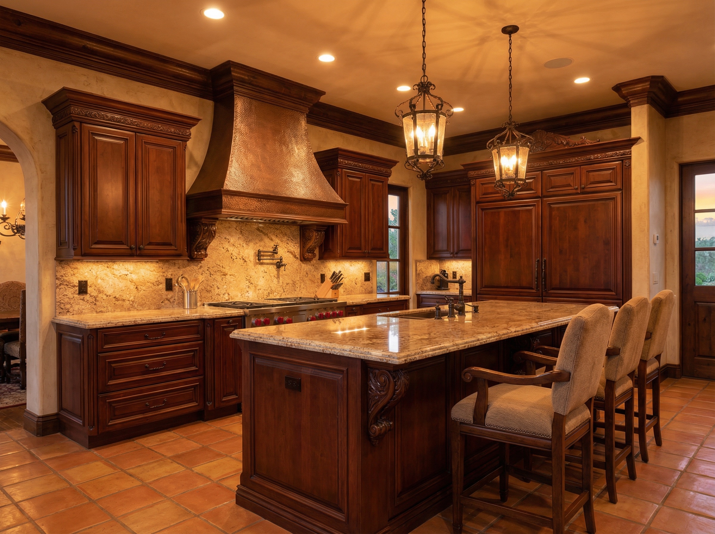 Traditional luxury kitchen with ornate cherry wood cabinetry