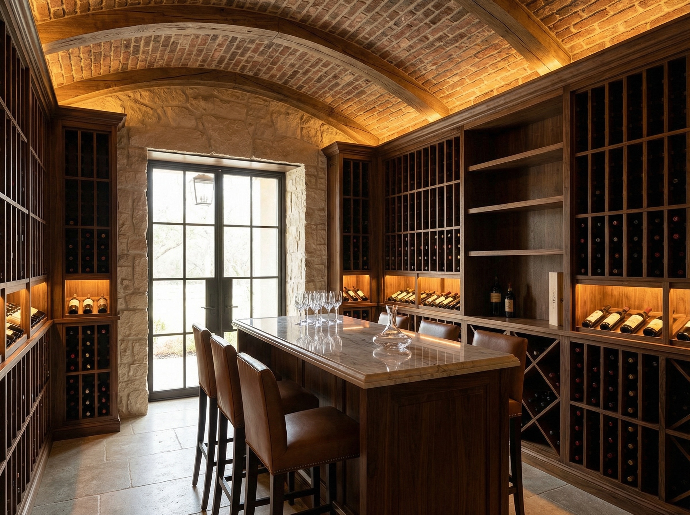 Custom wine cellar with floor-to-ceiling wood rack cabinetry